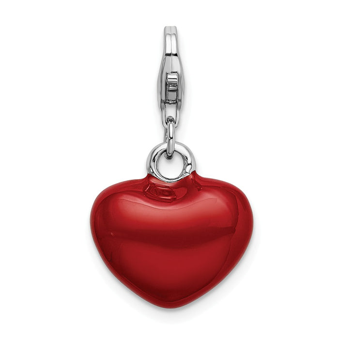 Million Charms 925 Sterling Silver Rhodium-Plated 3-D Red Enameled Heart With Lobster Clasp Charm