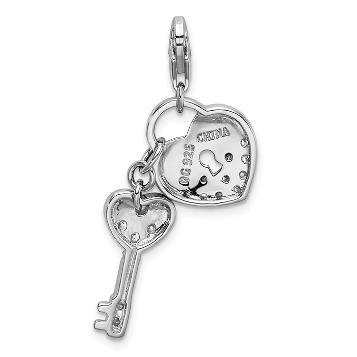 Million Charms 925 Sterling Silver Rhodium-Plated (Cubic Zirconia) CZ Heart, Key With Lobster Clasp Charm