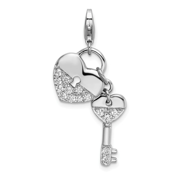 Million Charms 925 Sterling Silver Rhodium-Plated (Cubic Zirconia) CZ Heart, Key With Lobster Clasp Charm