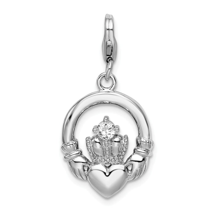 Million Charms 925 Sterling Silver Rhodium-Plated (Cubic Zirconia) CZ Claddagh With Lobster Clasp Charm