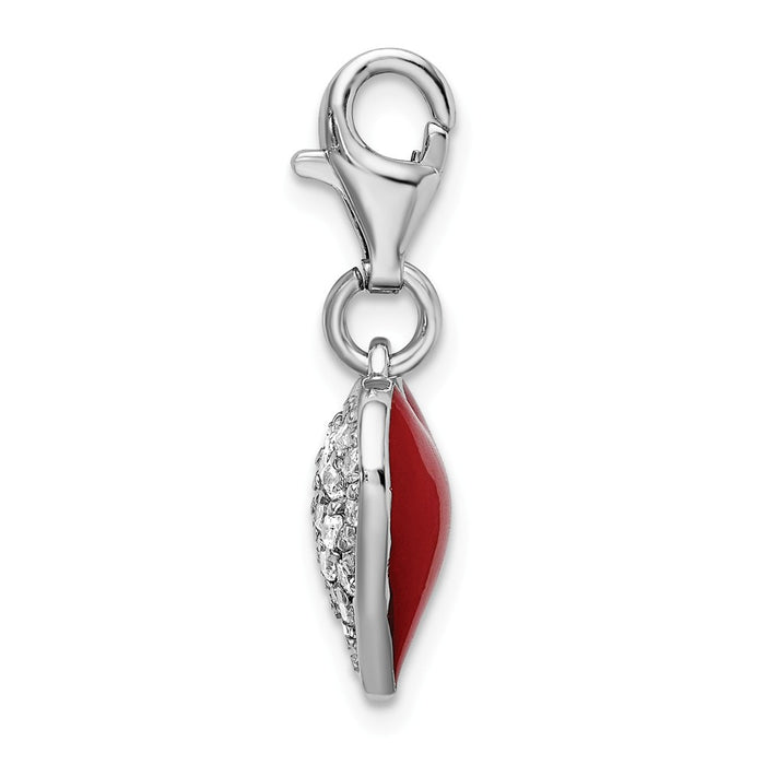 Million Charms 925 Sterling Silver Rhodium-Plated 3-D (Cubic Zirconia) CZ & Red Enamel Heart With Lobster Clasp Charm