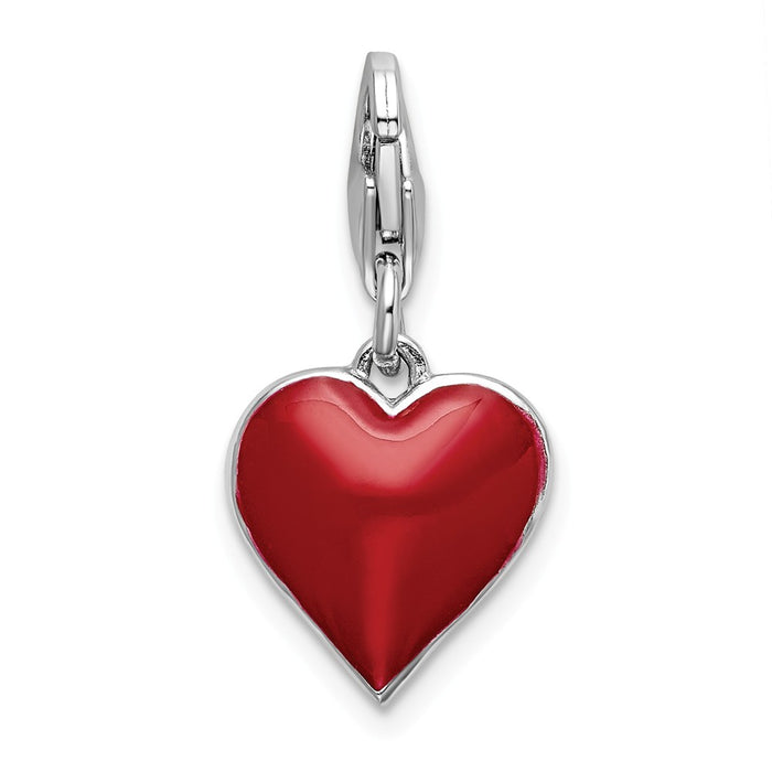 Million Charms 925 Sterling Silver Rhodium-Plated 3-D (Cubic Zirconia) CZ & Red Enamel Heart With Lobster Clasp Charm