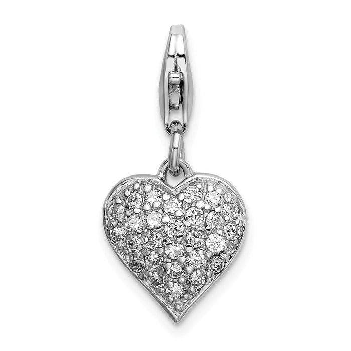 Million Charms 925 Sterling Silver Rhodium-Plated 3-D (Cubic Zirconia) CZ & Red Enamel Heart With Lobster Clasp Charm