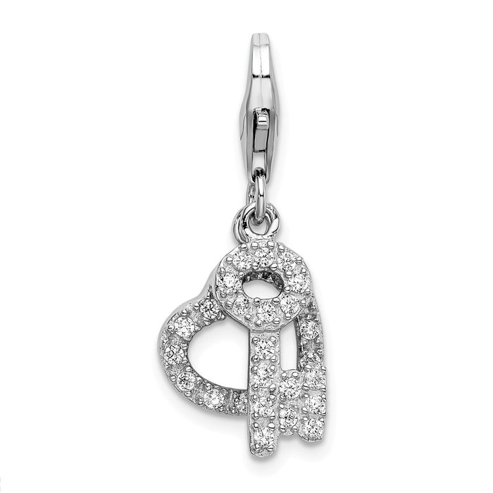 Million Charms 925 Sterling Silver Rhodium-Plated (Cubic Zirconia) CZ Heart, Key With Lobster Clasp Charm