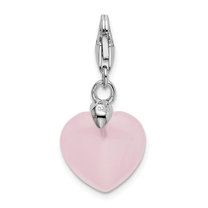 Million Charms 925 Sterling Silver Rhodium-Plated Rose Quartz Heart With Lobster Clasp Charm