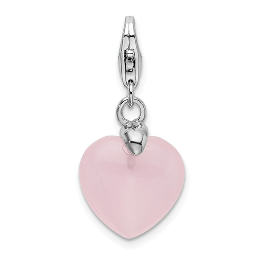Million Charms 925 Sterling Silver Rhodium-Plated Rose Quartz Heart With Lobster Clasp Charm