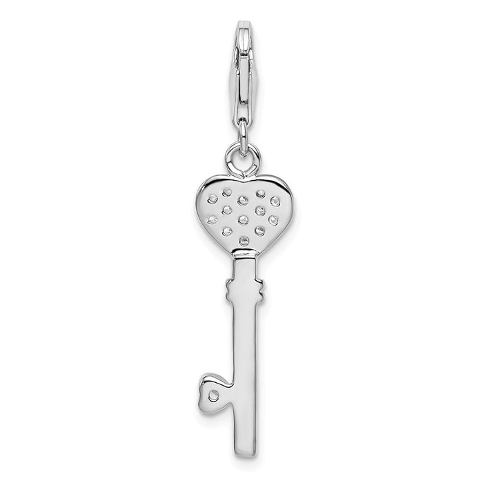 Million Charms 925 Sterling Silver Rhodium-Plated Heart Top (Cubic Zirconia) CZ Key With Lobster Clasp Charm