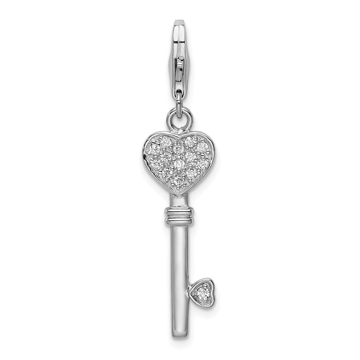 Million Charms 925 Sterling Silver Rhodium-Plated Heart Top (Cubic Zirconia) CZ Key With Lobster Clasp Charm