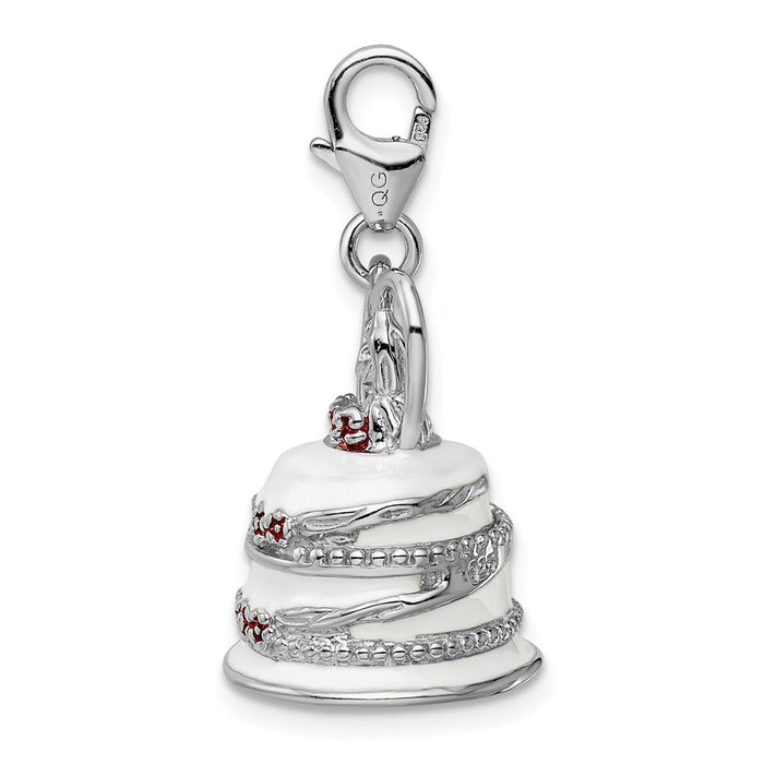 Million Charms 925 Sterling Silver With Rhodium-Plated 3-D Enameled Wedding Cake With Lobster Clasp Charm