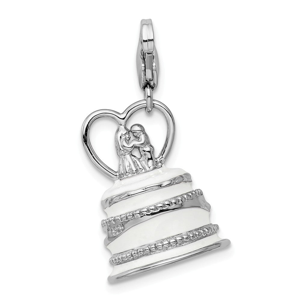 Million Charms 925 Sterling Silver With Rhodium-Plated 3-D Enameled Wedding Cake With Lobster Clasp Charm