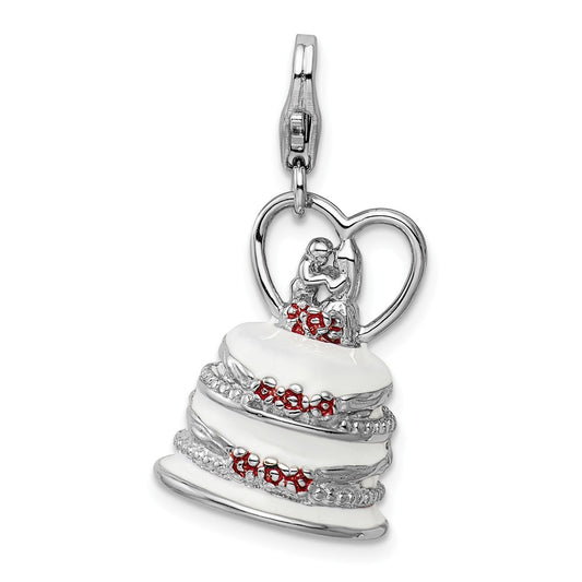 Million Charms 925 Sterling Silver With Rhodium-Plated 3-D Enameled Wedding Cake With Lobster Clasp Charm