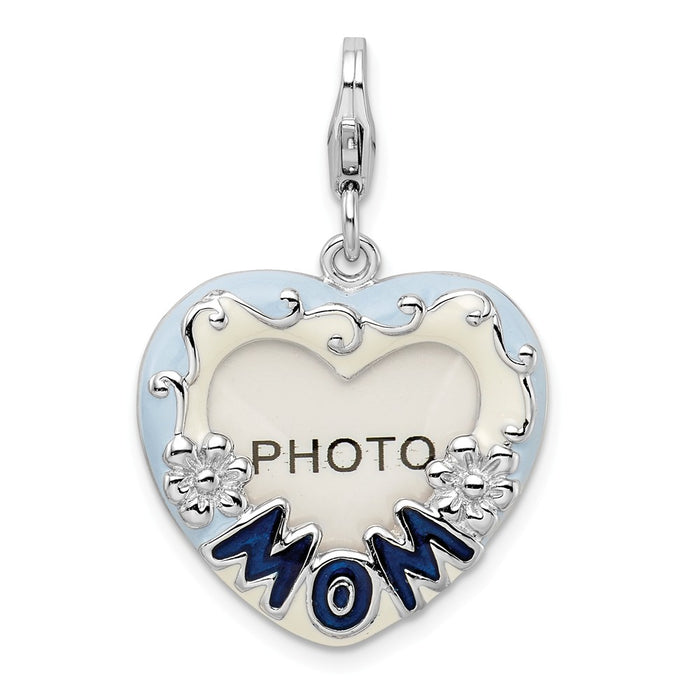 Million Charms 925 Sterling Silver Rhodium-Plated 2-D Blue Enameled Mom Photo With Lobster Clasp Charm