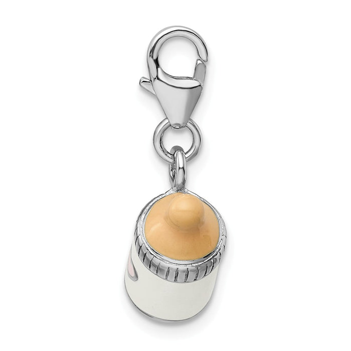 Million Charms 925 Sterling Silver Rhodium-Plated 3-D Enameled Baby Bottle With Lobster Clasp Charm