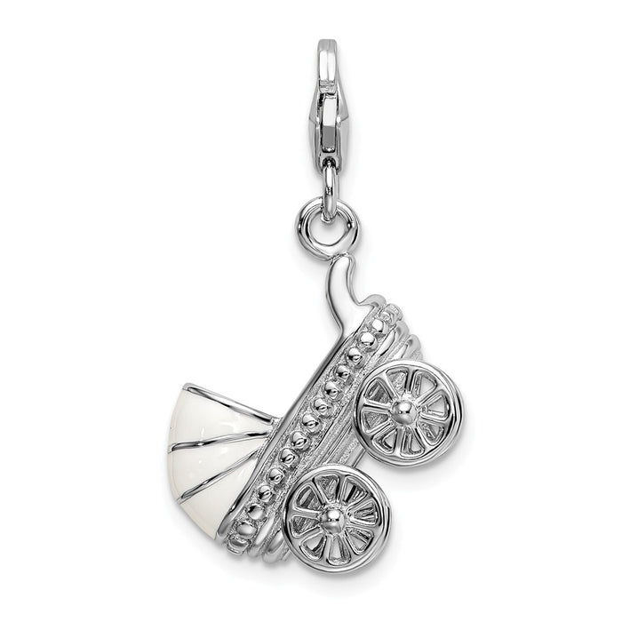 Million Charms 925 Sterling Silver Rhodium-Plated 3-D Enameled Baby Carriage With Lobster Clasp Charm