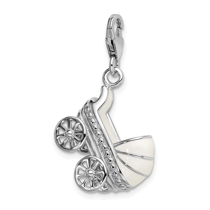 Million Charms 925 Sterling Silver Rhodium-Plated 3-D Enameled Baby Carriage With Lobster Clasp Charm