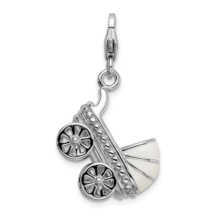 Million Charms 925 Sterling Silver Rhodium-Plated 3-D Enameled Baby Carriage With Lobster Clasp Charm