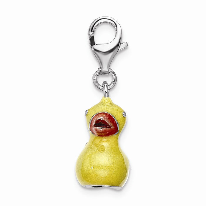 Million Charms 925 Sterling Silver Rhodium-Plated 3-D Yellow Enamel Duck With Lobster Clasp Charm