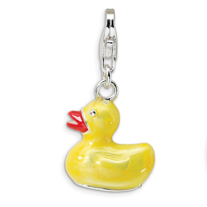 Million Charms 925 Sterling Silver Rhodium-Plated 3-D Yellow Enamel Duck With Lobster Clasp Charm