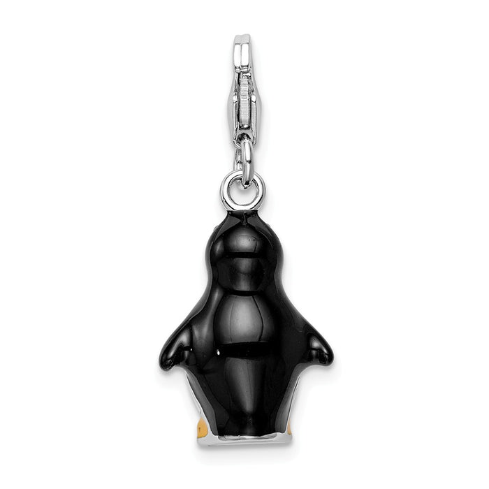 Million Charms 925 Sterling Silver Rhodium-Plated 3-D Enamel Penguin With Lobster Clasp Charm