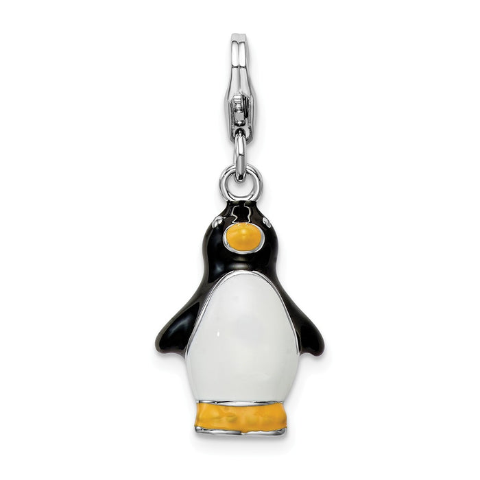 Million Charms 925 Sterling Silver Rhodium-Plated 3-D Enamel Penguin With Lobster Clasp Charm