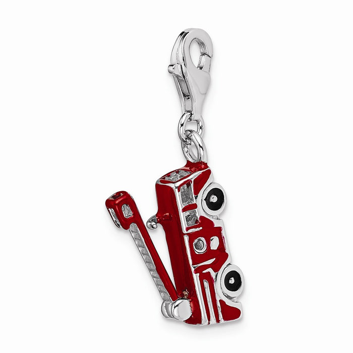 Million Charms 925 Sterling Silver Rhodium-Plated Enamel Fire Truck With Lobster Clasp Charm