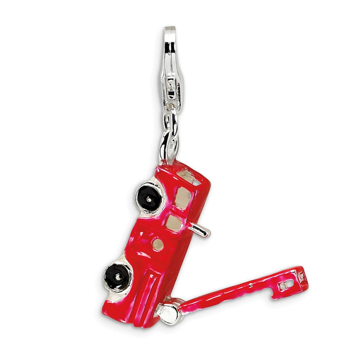 Million Charms 925 Sterling Silver Rhodium-Plated Enamel Fire Truck With Lobster Clasp Charm