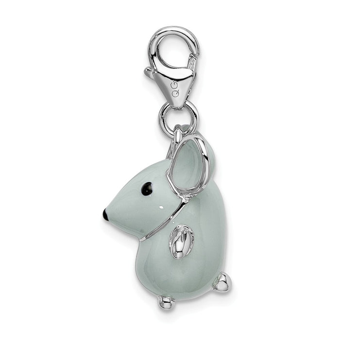 Million Charms 925 Sterling Silver Rhodium-Plated 3-D Enameled Grey Mouse With Lobster Clasp Charm