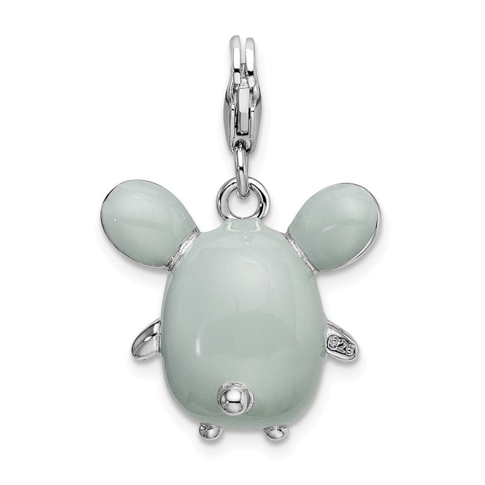 Million Charms 925 Sterling Silver Rhodium-Plated 3-D Enameled Grey Mouse With Lobster Clasp Charm