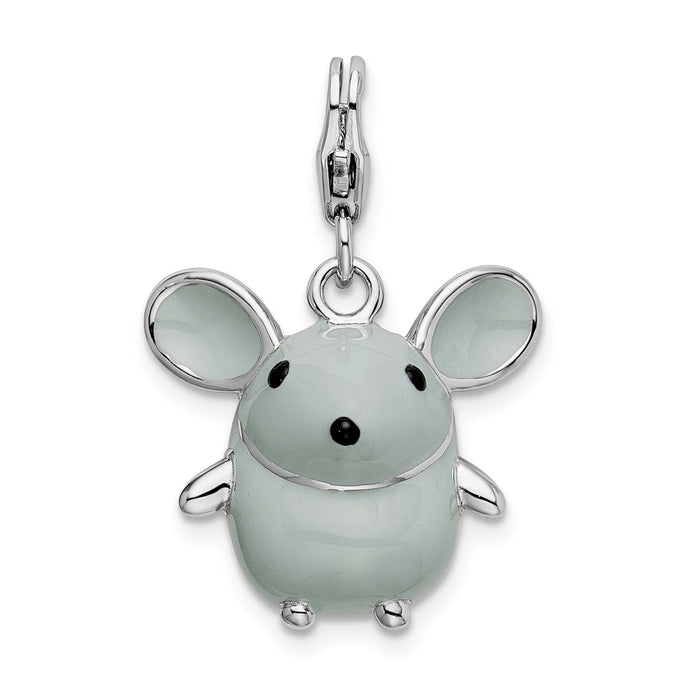 Million Charms 925 Sterling Silver Rhodium-Plated 3-D Enameled Grey Mouse With Lobster Clasp Charm