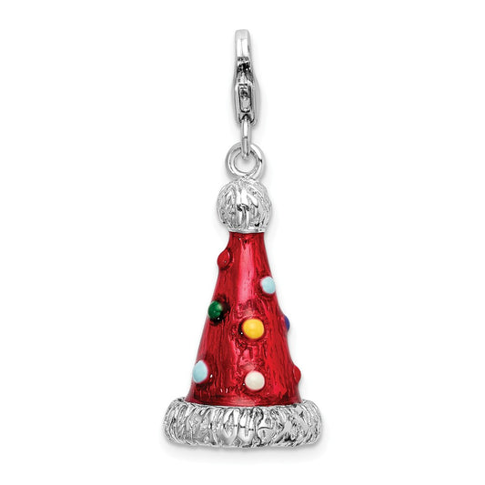 Million Charms 925 Sterling Silver Rhodium-Plated 3-D Enameled Red Party Hat Charm