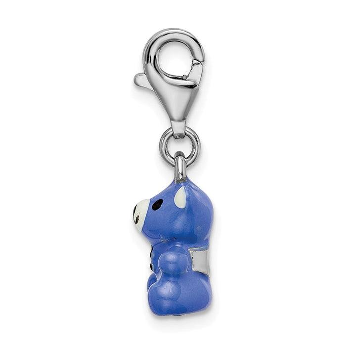 Million Charms 925 Sterling Silver Rhodium-Plated Blue Enamel Teddy Bear With Lobster Clasp Charm