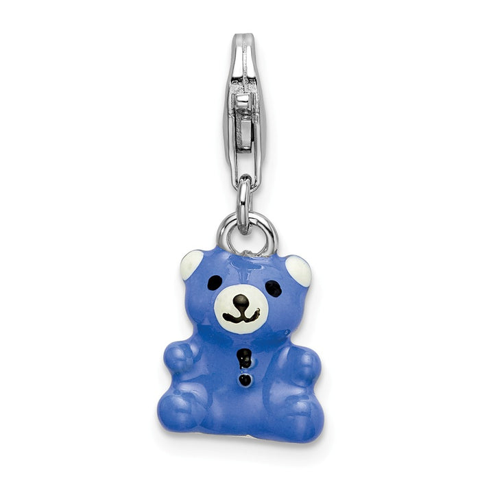 Million Charms 925 Sterling Silver Rhodium-Plated Blue Enamel Teddy Bear With Lobster Clasp Charm