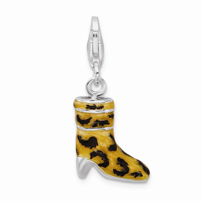 Million Charms 925 Sterling Silver With Rhodium-Plated (Cubic Zirconia) CZ Enameled Leopard Print Boot With Lobster Clasp Charm