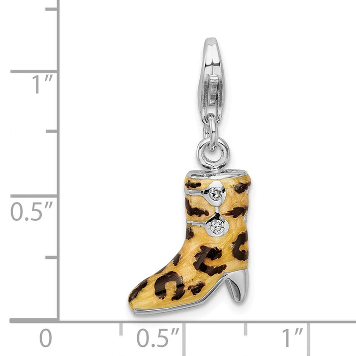 Million Charms 925 Sterling Silver With Rhodium-Plated (Cubic Zirconia) CZ Enameled Leopard Print Boot With Lobster Clasp Charm