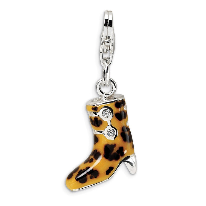 Million Charms 925 Sterling Silver With Rhodium-Plated (Cubic Zirconia) CZ Enameled Leopard Print Boot With Lobster Clasp Charm