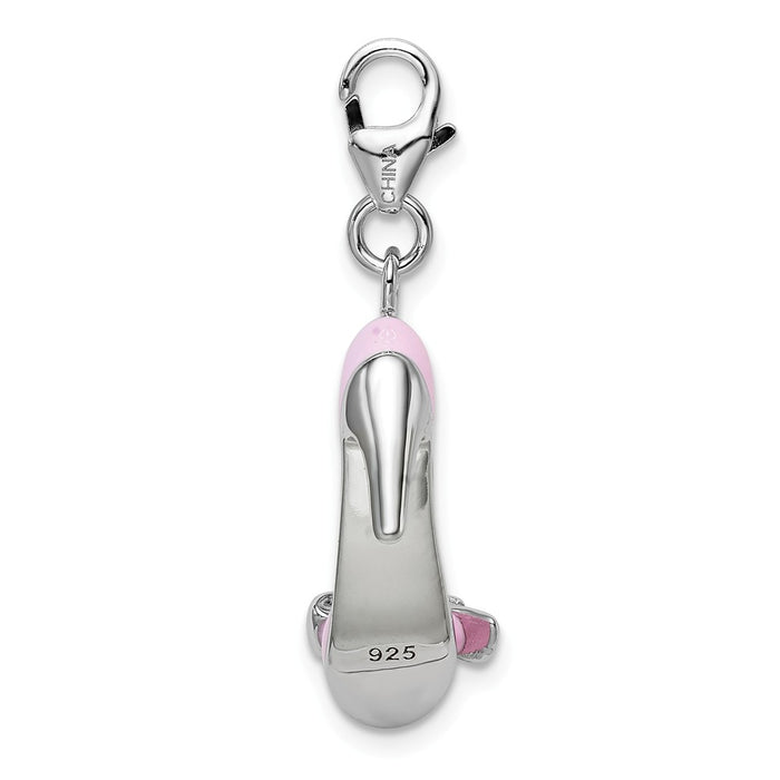 Million Charms 925 Sterling Silver With Rhodium-Plated Pink Enameled Bow-Top High Heel With Lobster Clasp Charm