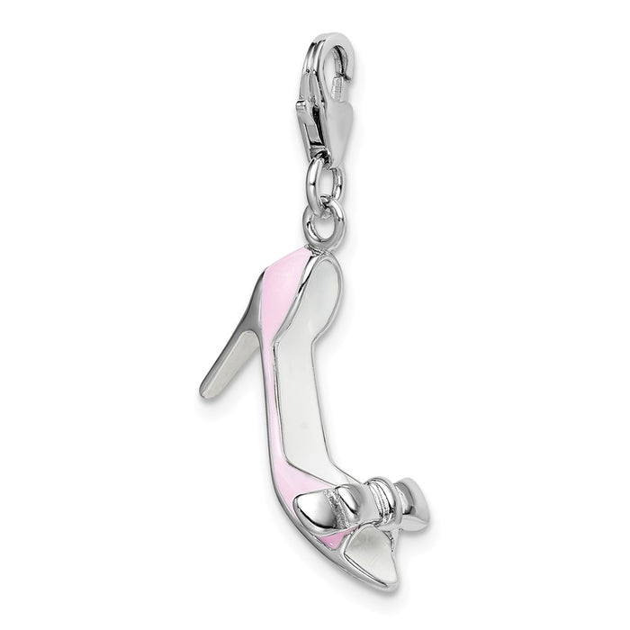 Million Charms 925 Sterling Silver With Rhodium-Plated Pink Enameled Bow-Top High Heel With Lobster Clasp Charm