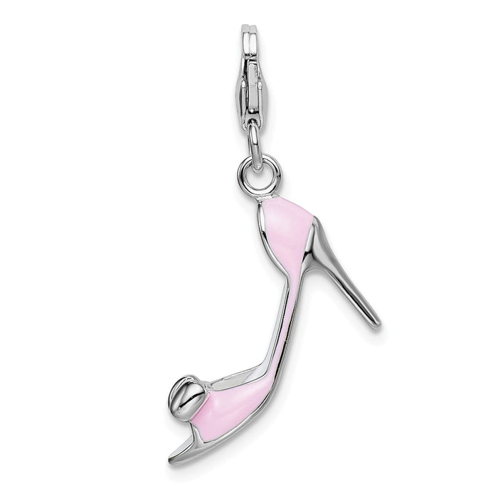 Million Charms 925 Sterling Silver With Rhodium-Plated Pink Enameled Bow-Top High Heel With Lobster Clasp Charm