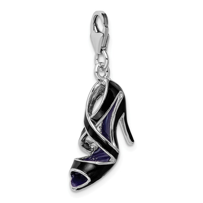 Million Charms 925 Sterling Silver With Rhodium-Plated 3-D Enameled Black High Heel With Lobster Clasp Charm