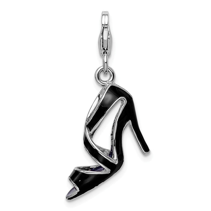 Million Charms 925 Sterling Silver With Rhodium-Plated 3-D Enameled Black High Heel With Lobster Clasp Charm