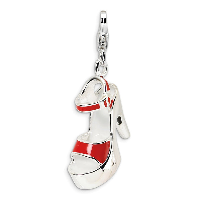 Million Charms 925 Sterling Silver With Rhodium-Plated Enameled Red Platform High Heel With Lobster Clasp Charm