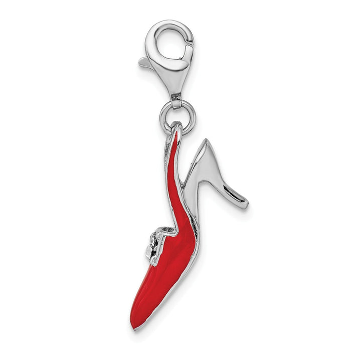 Million Charms 925 Sterling Silver With Rhodium-Plated Red Enameled & (Cubic Zirconia) CZ High Heel Shoe With Lobster Clasp Charm