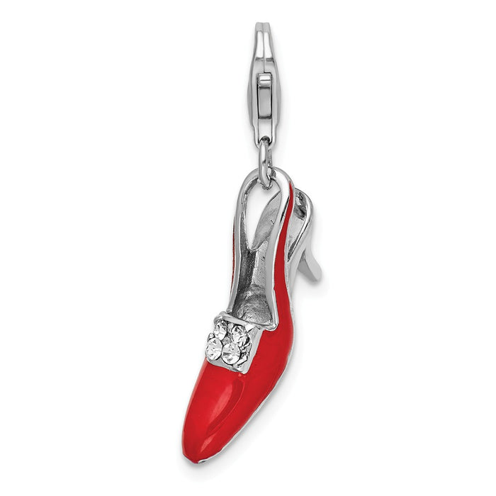 Million Charms 925 Sterling Silver With Rhodium-Plated Red Enameled & (Cubic Zirconia) CZ High Heel Shoe With Lobster Clasp Charm