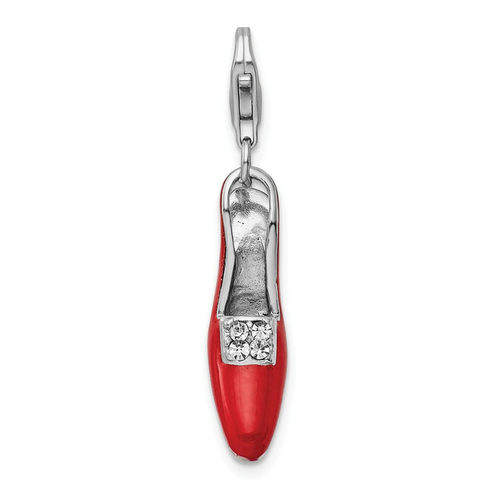 Million Charms 925 Sterling Silver With Rhodium-Plated Red Enameled & (Cubic Zirconia) CZ High Heel Shoe With Lobster Clasp Charm