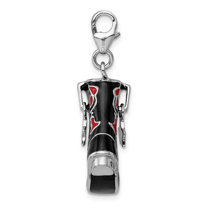 Million Charms 925 Sterling Silver With Rhodium-Plated Black/Red Enameled Cowboy Boot With Lobster Clasp Charm