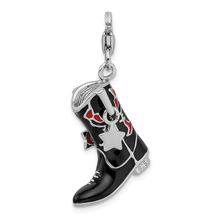 Million Charms 925 Sterling Silver With Rhodium-Plated Black/Red Enameled Cowboy Boot With Lobster Clasp Charm