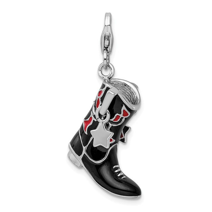 Million Charms 925 Sterling Silver With Rhodium-Plated Black/Red Enameled Cowboy Boot With Lobster Clasp Charm