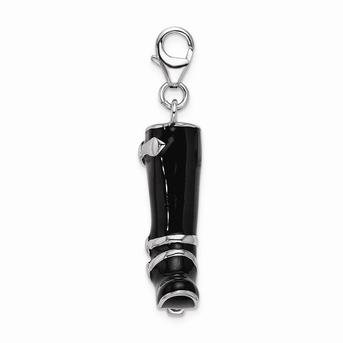 Million Charms 925 Sterling Silver With Rhodium-Plated 3-D Enameled Buckled Black Boot With Lobster Clasp Charm