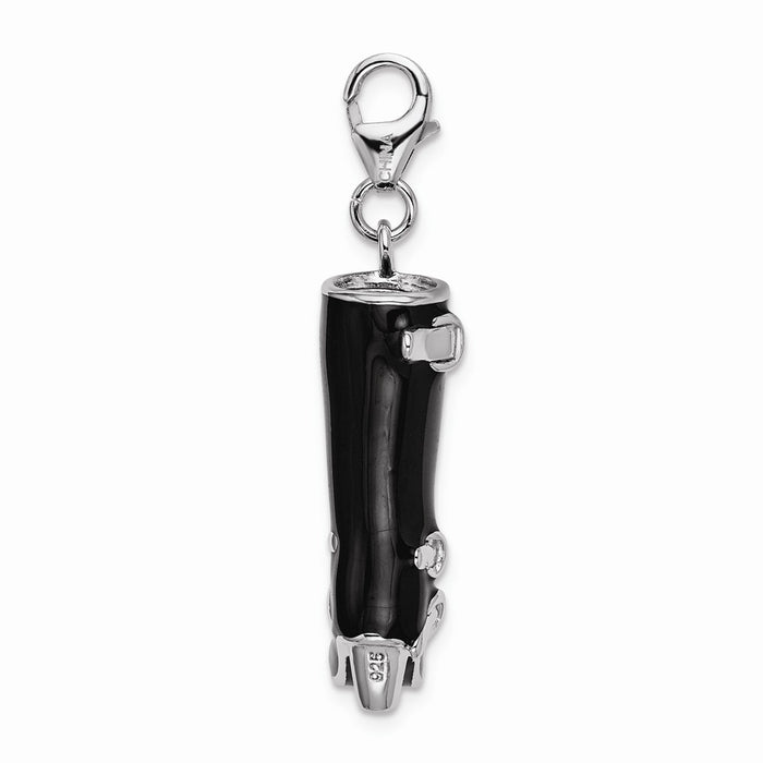 Million Charms 925 Sterling Silver With Rhodium-Plated 3-D Enameled Buckled Black Boot With Lobster Clasp Charm