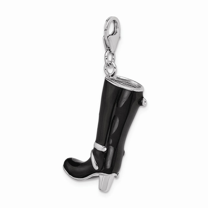 Million Charms 925 Sterling Silver With Rhodium-Plated 3-D Enameled Buckled Black Boot With Lobster Clasp Charm